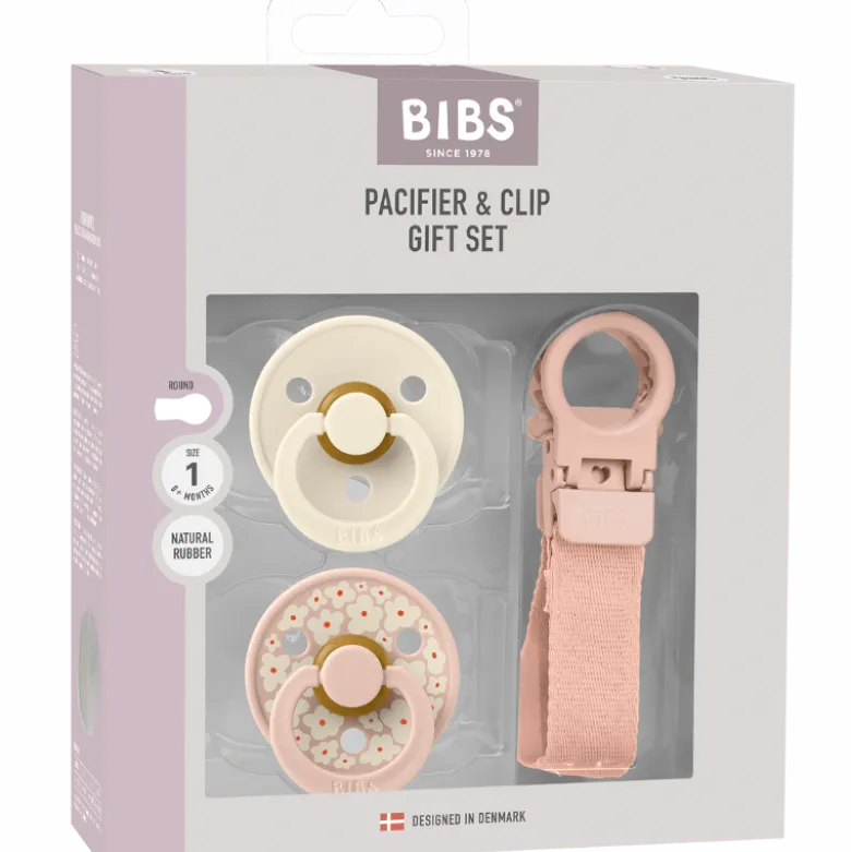 Bibs Colour Pacifier & Loop Clip Gift Set Latex Size 1 Blush (1 sæt)