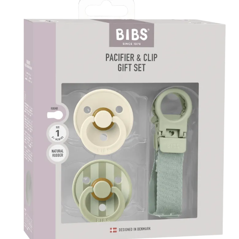 Bibs Colour Pacifier & Loop Clip Gift Set Latex Size 1 Sage (1 sæt)