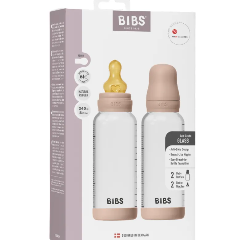 Bibs Glass Baby Bottle Round Latex Medium Flow Blush (2x240 ml)