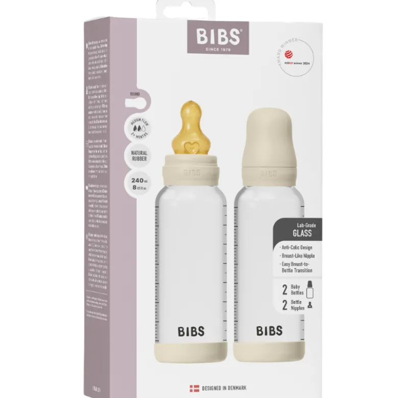 Bibs Glass Baby Bottle Round Latex Medium Flow Ivory (2x240 ml)