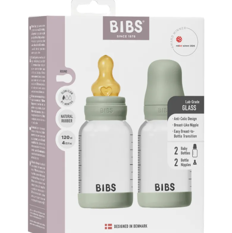 Bibs Glass Baby Bottle Round Latex Slow Flow Sage (2x120 ml)