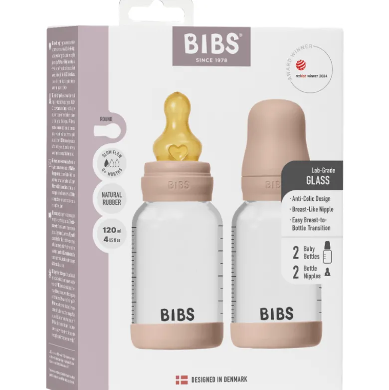 Bibs Glass Baby Bottle Round Latex Slow Flow Blush (2x120 ml)