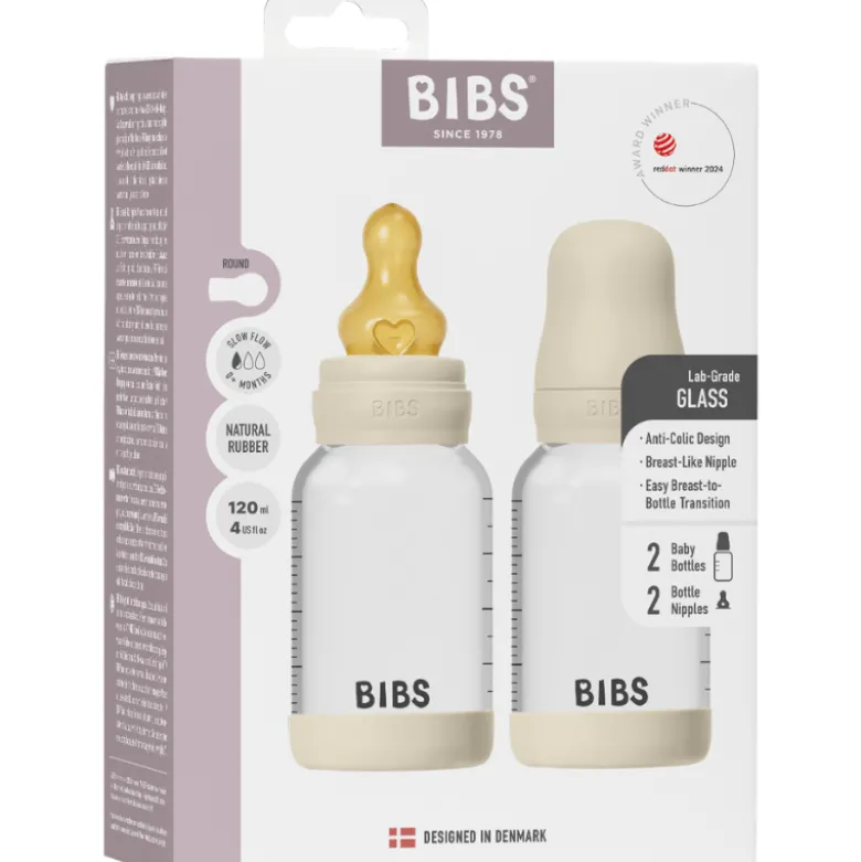 Bibs Glass Baby Bottle Round Latex Slow Flow Ivory (2x120 ml)