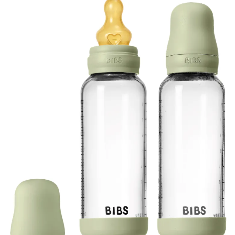 Bibs Glass Baby Bottle Round Latex Medium Flow Sage (2x240 ml)