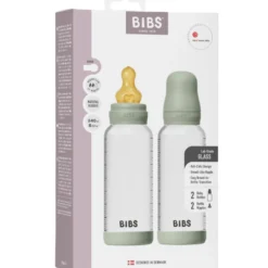 Bibs Glass Baby Bottle Round Latex Medium Flow Sage (2x240 ml)