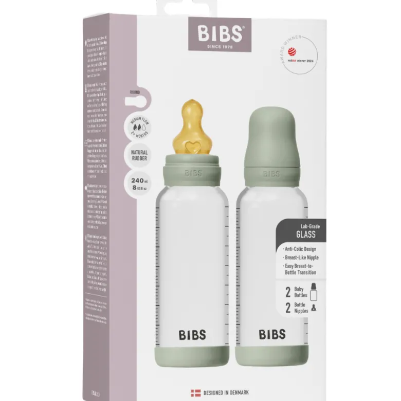 Bibs Glass Baby Bottle Round Latex Medium Flow Sage (2x240 ml)