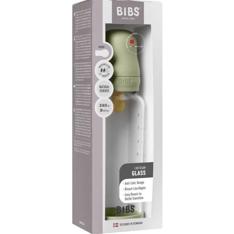 Bibs Glass Baby Bottle Round Latex Medium Flow Sage (240 ml)