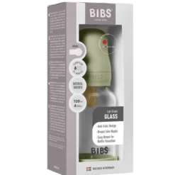 Bibs Glass Baby Bottle Round Latex Slow Flow Sage (120 ml)