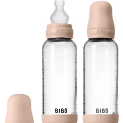 Bibs Glass Baby Bottle Round Silicone Medium Flow Blush (2x240 ml)