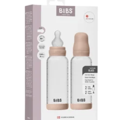 Bibs Glass Baby Bottle Round Silicone Medium Flow Blush (2x240 ml)