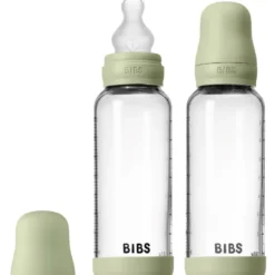 Bibs Glass Baby Bottle Round Silicone Medium Flow Sage (2x240 ml)