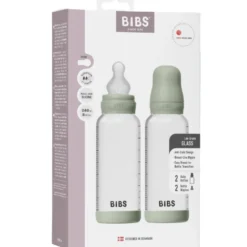 Bibs Glass Baby Bottle Round Silicone Medium Flow Sage (2x240 ml)