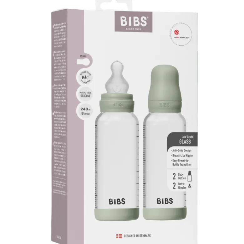 Bibs Glass Baby Bottle Round Silicone Medium Flow Sage (2x240 ml)