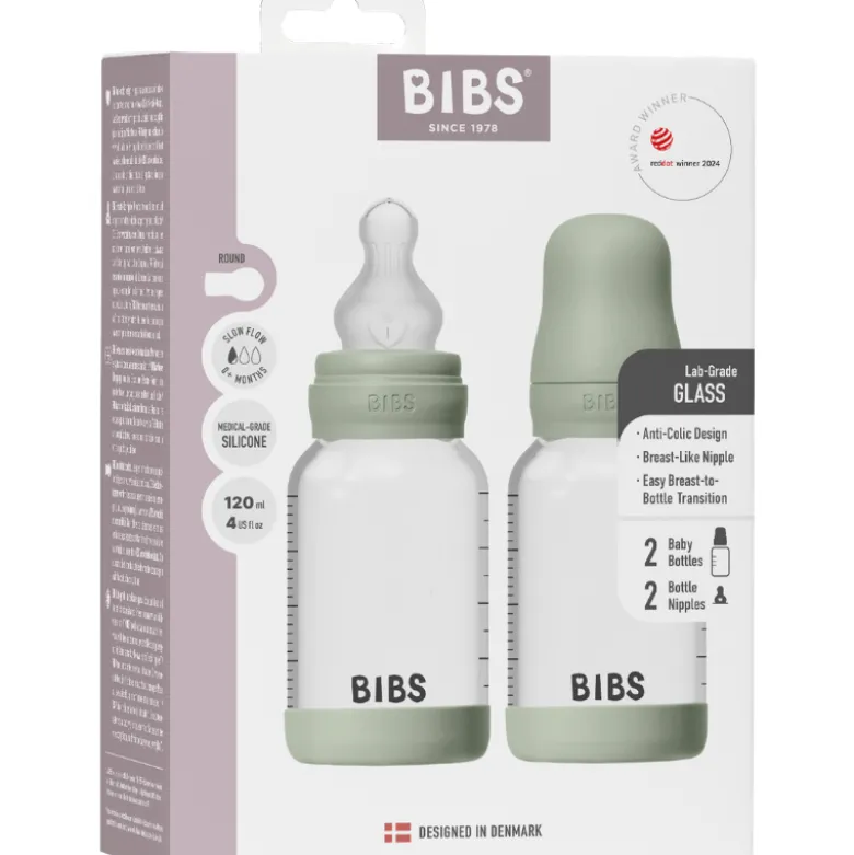 Bibs Glass Baby Bottle Round Silicone Slow Flow Sage (2x120 ml)