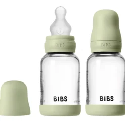 Bibs Glass Baby Bottle Round Silicone Slow Flow Sage (2x120 ml)