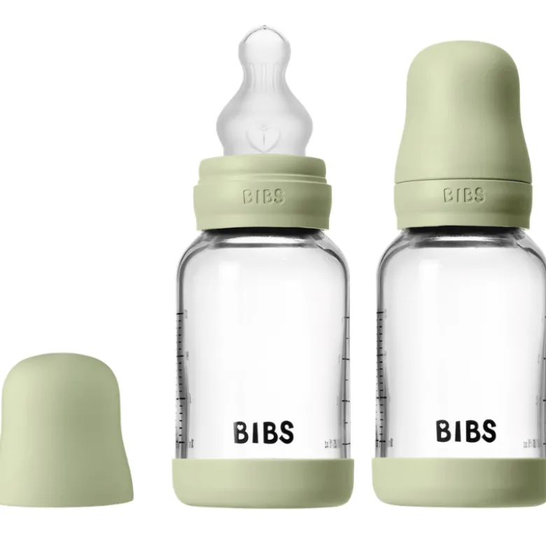 Bibs Glass Baby Bottle Round Silicone Slow Flow Sage (2x120 ml)