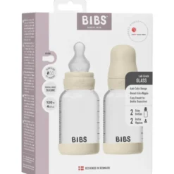 Bibs Glass Baby Bottle Round Silicone Slow Flow Ivory (2x120 ml)