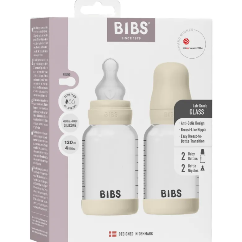 Bibs Glass Baby Bottle Round Silicone Slow Flow Ivory (2x120 ml)