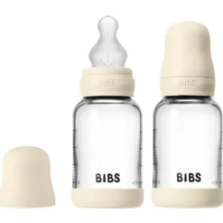 Bibs Glass Baby Bottle Round Silicone Slow Flow Ivory (2x120 ml)