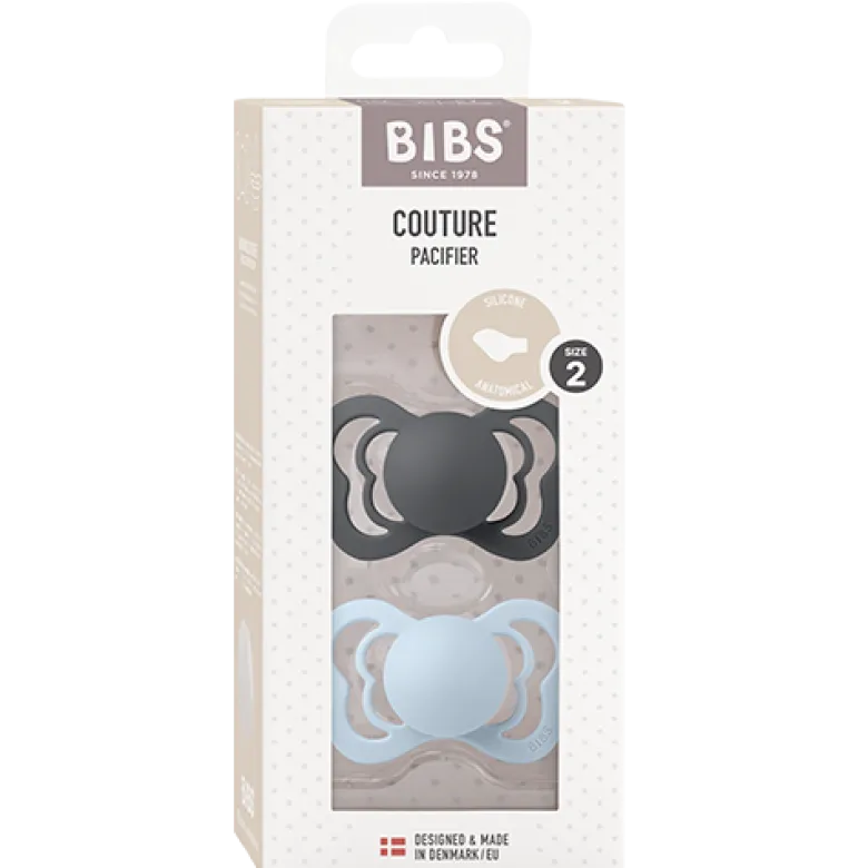 Bibs Pacifier Couture Silicone Size 2 Iron/Baby Blue (2 stk)