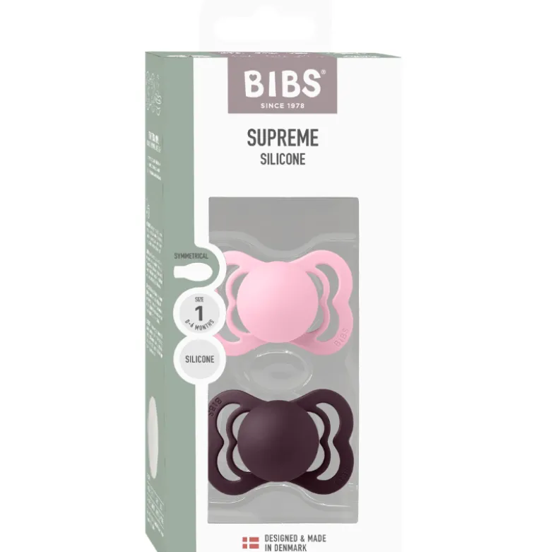 Bibs Pacifier Supreme Silicone Size 1 Baby Pink/Plum (2 stk)