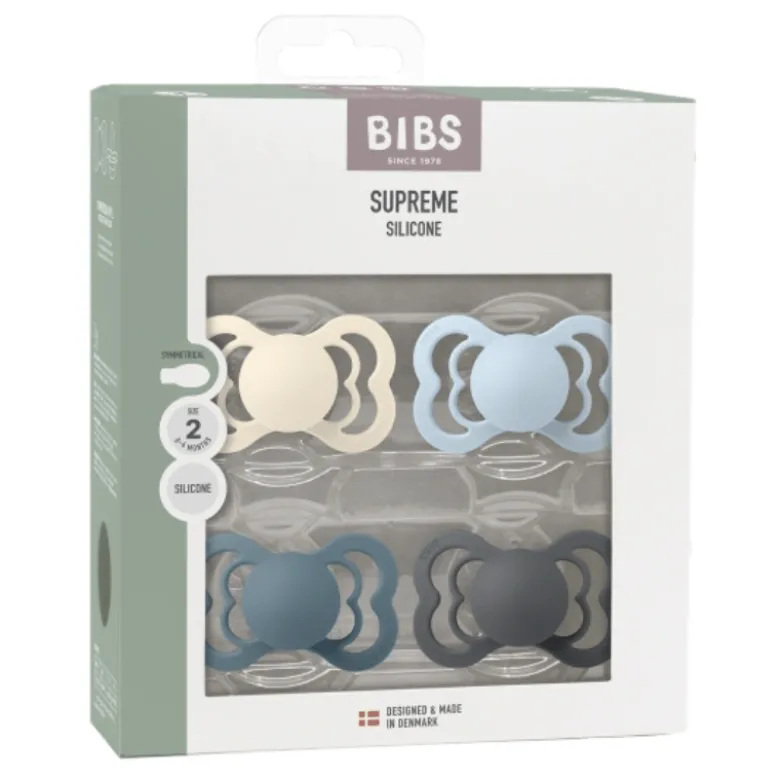 Bibs Pacifier Supreme Silicone Size 2 Ivory/Baby Blue/Petrol/Iron (4 stk)