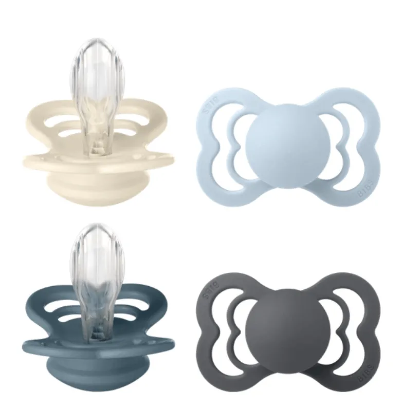 Bibs Pacifier Supreme Silicone Size 2 Ivory/Baby Blue/Petrol/Iron (4 stk)