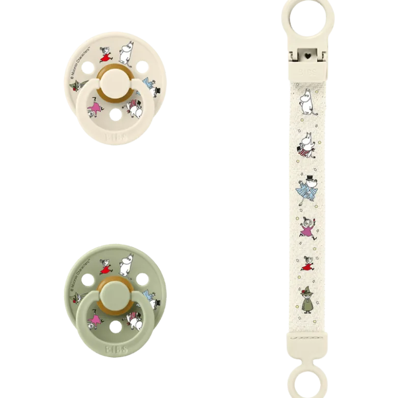 Bibs X Moomins Colour Pacifier & Loop Clip Gift Set Latex Size 2 Ivory/Sage (1 sæt)