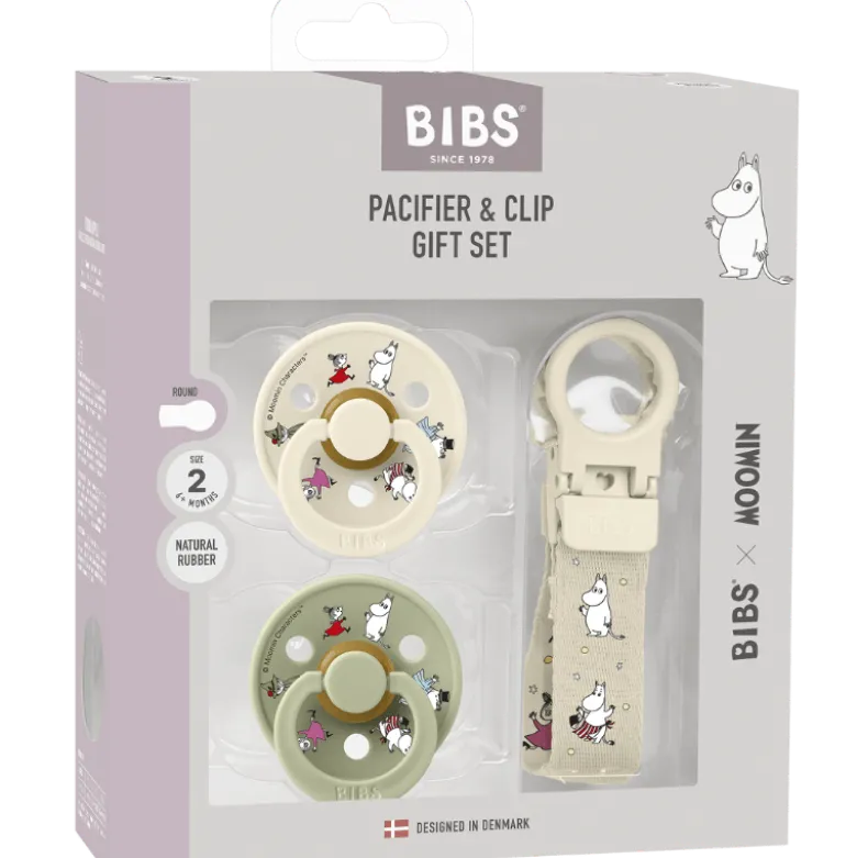 Bibs X Moomins Colour Pacifier & Loop Clip Gift Set Latex Size 2 Ivory/Sage (1 sæt)