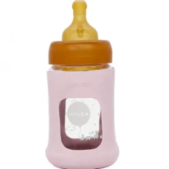 Hevea Baby Sutteflaske I Glas Med Cover Powder pink (150 ml)
