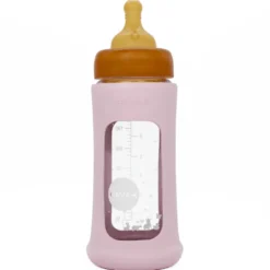 Hevea Baby Sutteflaske I Glas Med Cover Powder pink (250 ml)