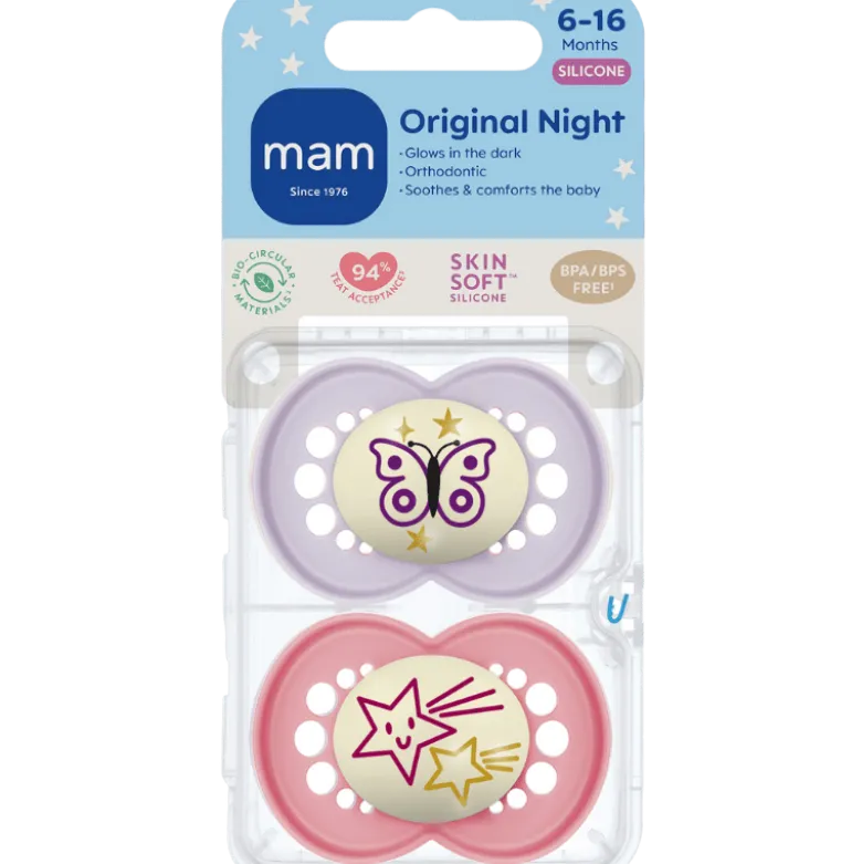 MAM Original Sut Night 6-16M Silicone Pink (2 stk)
