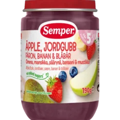 Semper Frugtpuré Jordbær, Æble, Pære, Banan & Blåbær 5M (190 g)