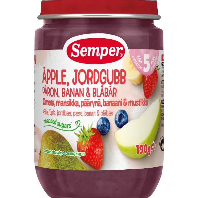 Semper Frugtpuré Jordbær, Æble, Pære, Banan & Blåbær 5M (190 g)