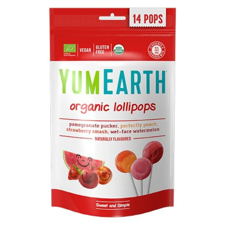 Yum Earth Slikkepinde Granatæble, Fersken, Jordbær & Melon Ø (85 g)